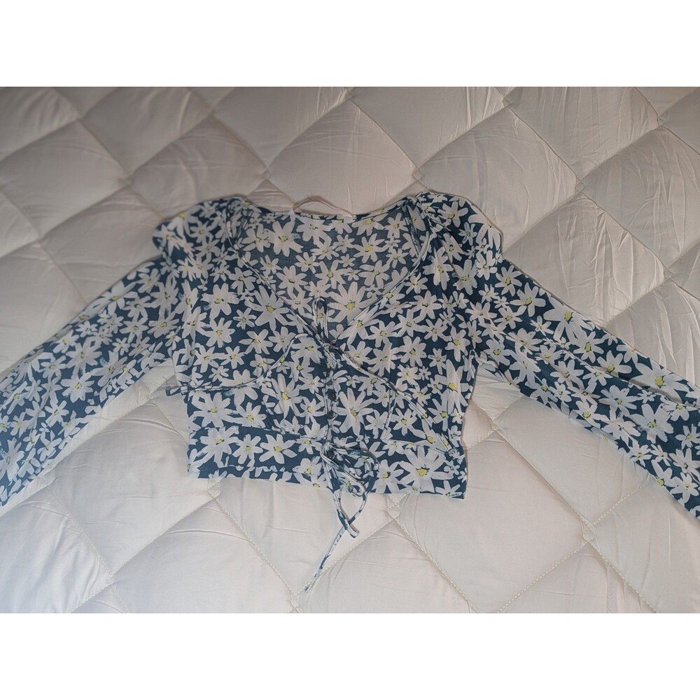 Zara TRF Teal Daisy Floral Crop Top - Tie Front V-Neck Puff Sleeve - XS